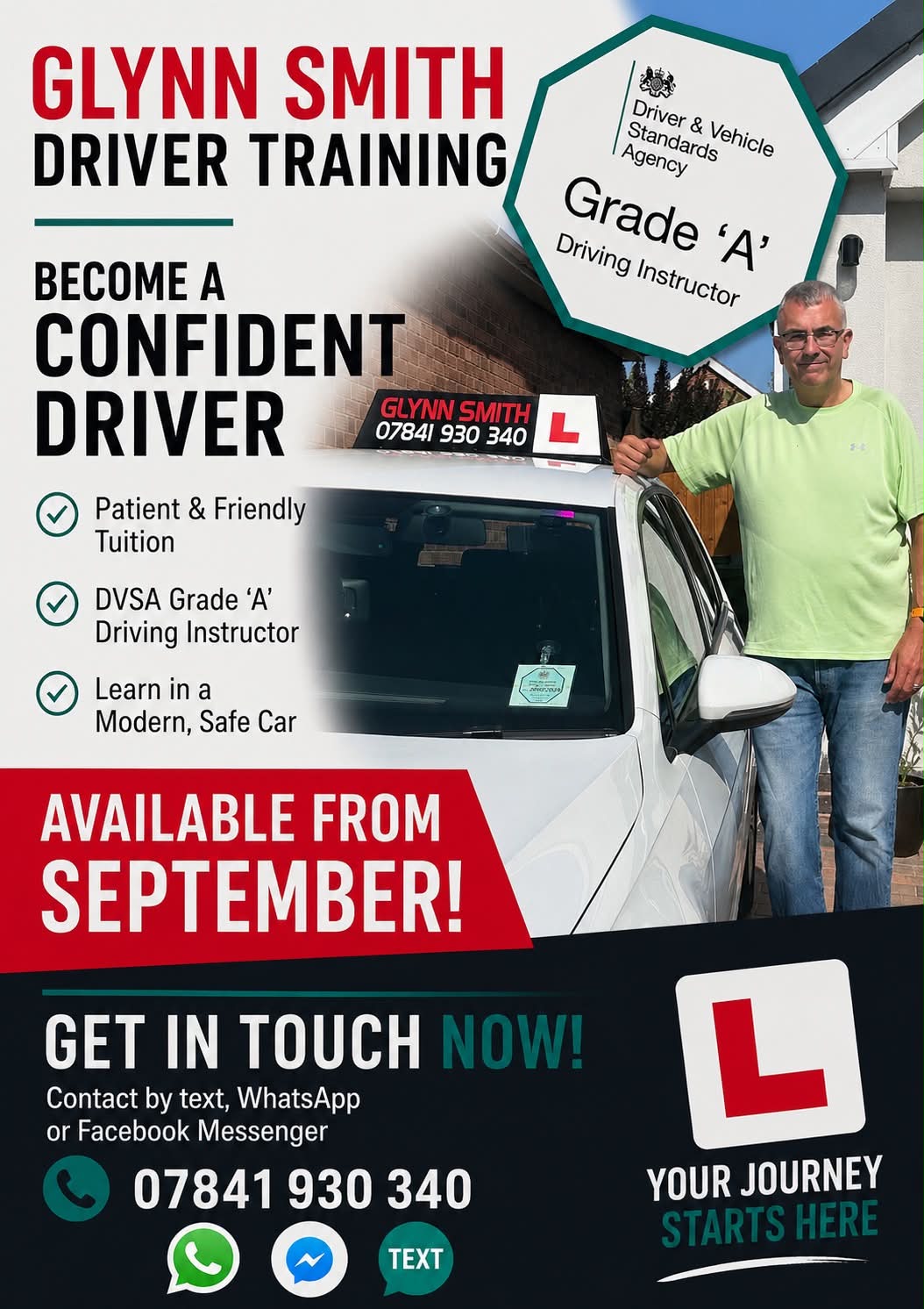 Glynn Smith Driver Training promotional flyer, featuring Glynn beside a learner car. Contact Glynn using the call, WhatsApp or Facebook links alongside.